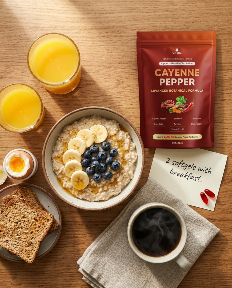 [REPLACE: two Vitalia softgels beside a breakfast plate]